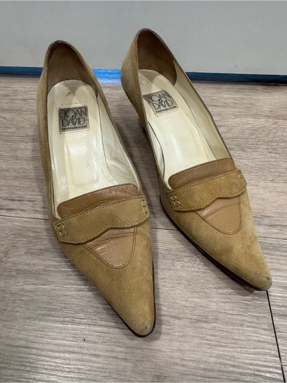Joan & David Women's Tan Suede Pointed Loafers with Leather Trim